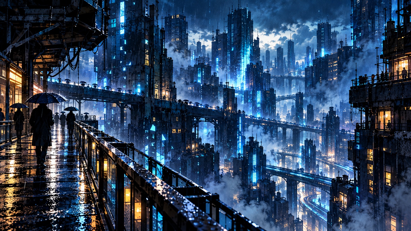 Figures with umbrellas on a rain-soaked walkway above a cyan-lit city