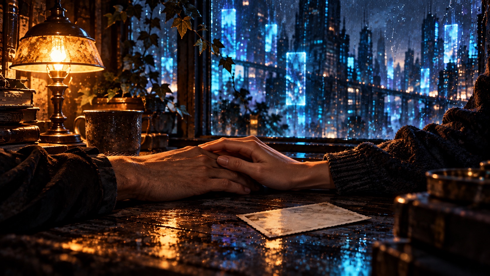 Amber-lit interior looking out over the rain-soaked city